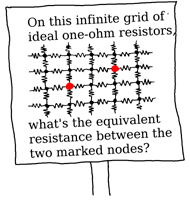A picture of part of XKCD’s 356th comic of the resistor problem. The resistor grid has two red dots where they are separated by a vertical displacement of one and a horizontal displacement of two.